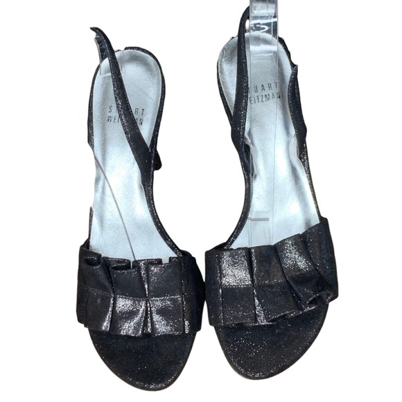 Stuart Weitzman Peep toe Ruffle Slingback Heeled Sandals Black Leather Size 6M - Picture 2 of 10